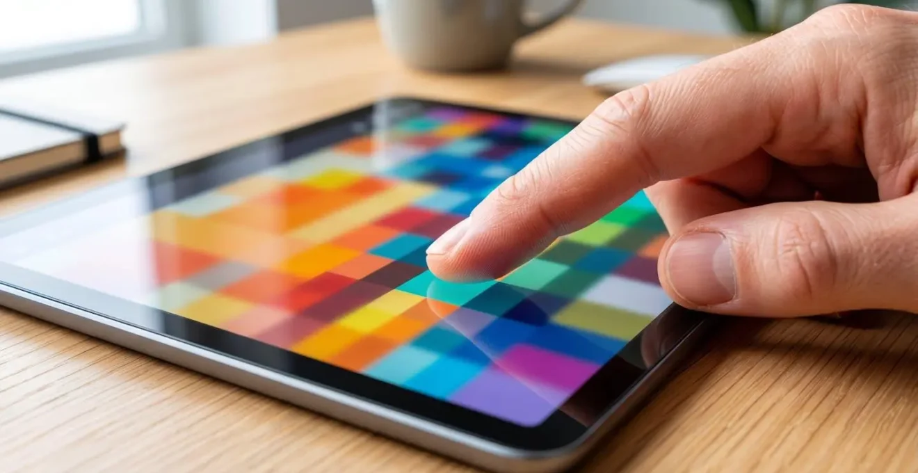 Extreme Nahaufnahme einer Hand, die auf einem modernen Tablet-Bildschirm eine Farbauswahl trifft, Bildschirminhalt verschwommen, scharfer Fokus auf Fingerbewegung