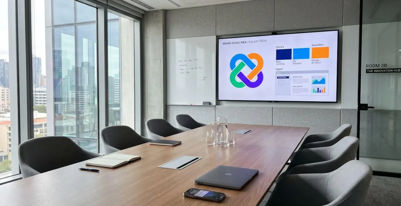 Leerer moderner Konferenzraum mit grossem Wandbildschirm, auf dem verschwommene Brand-Guidelines-Dokumente angezeigt werden, helle Atmosphäre mit Tageslicht