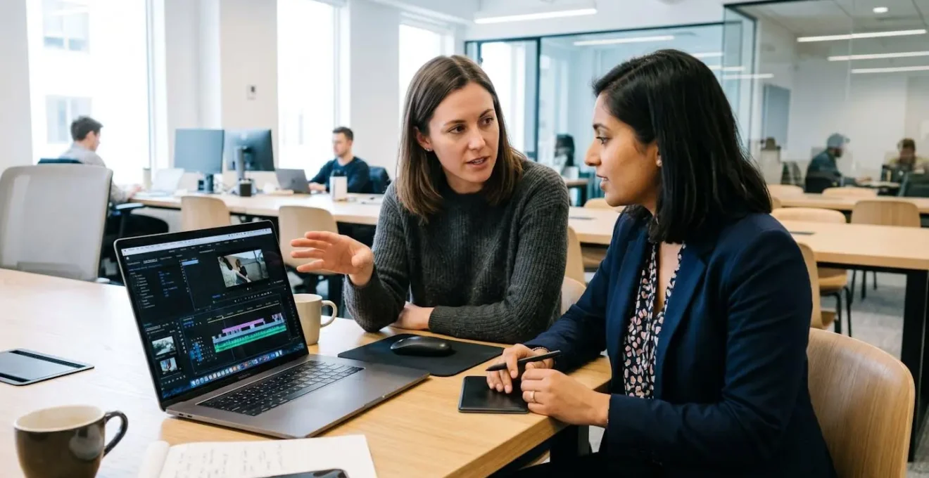Zwei Kolleginnen betrachten gemeinsam einen Laptop-Bildschirm mit verschwommener Videobearbeitungs-Oberfläche in einem hellen modernen Büro